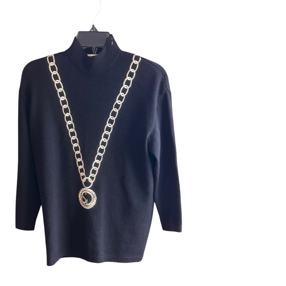 Vintage St. John black Santana knit mock neck sweater with silver chain design